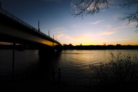 Links die Kennedy Brücke mit Reflektionen der Sonne, rechts oben und unten karge Äste in der Dämmerung