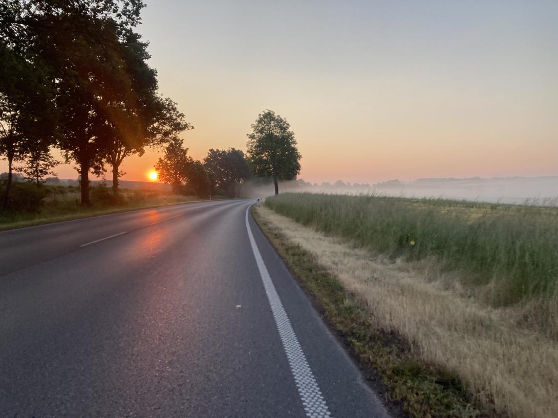 Landstraße mit Bäumen im Hintergrund vor der aufgehenden organen Sonne, rechts Nebel über den Feldern